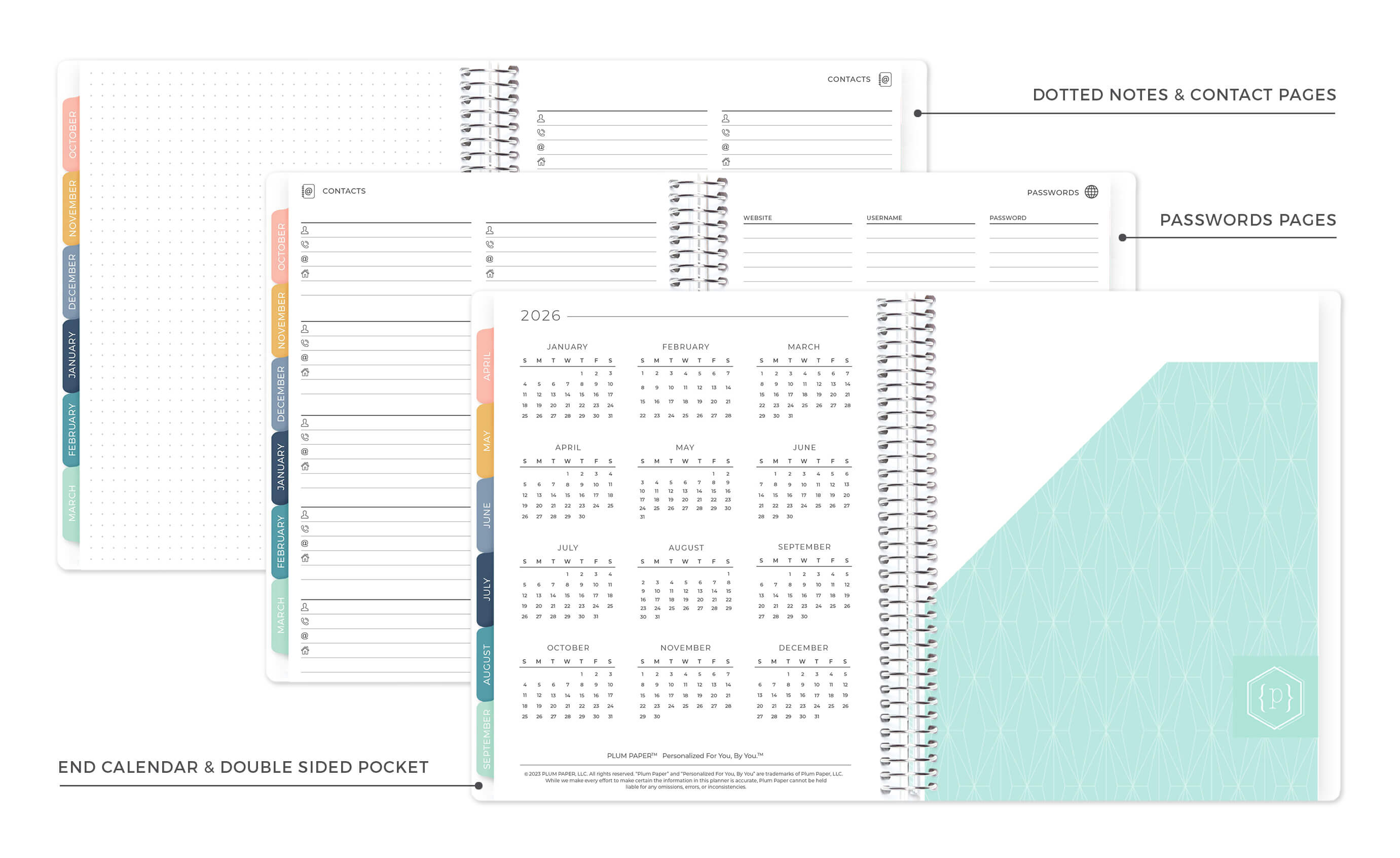 Included Dotted, Contact, Password, Next year at a glance, and pocket folder 
