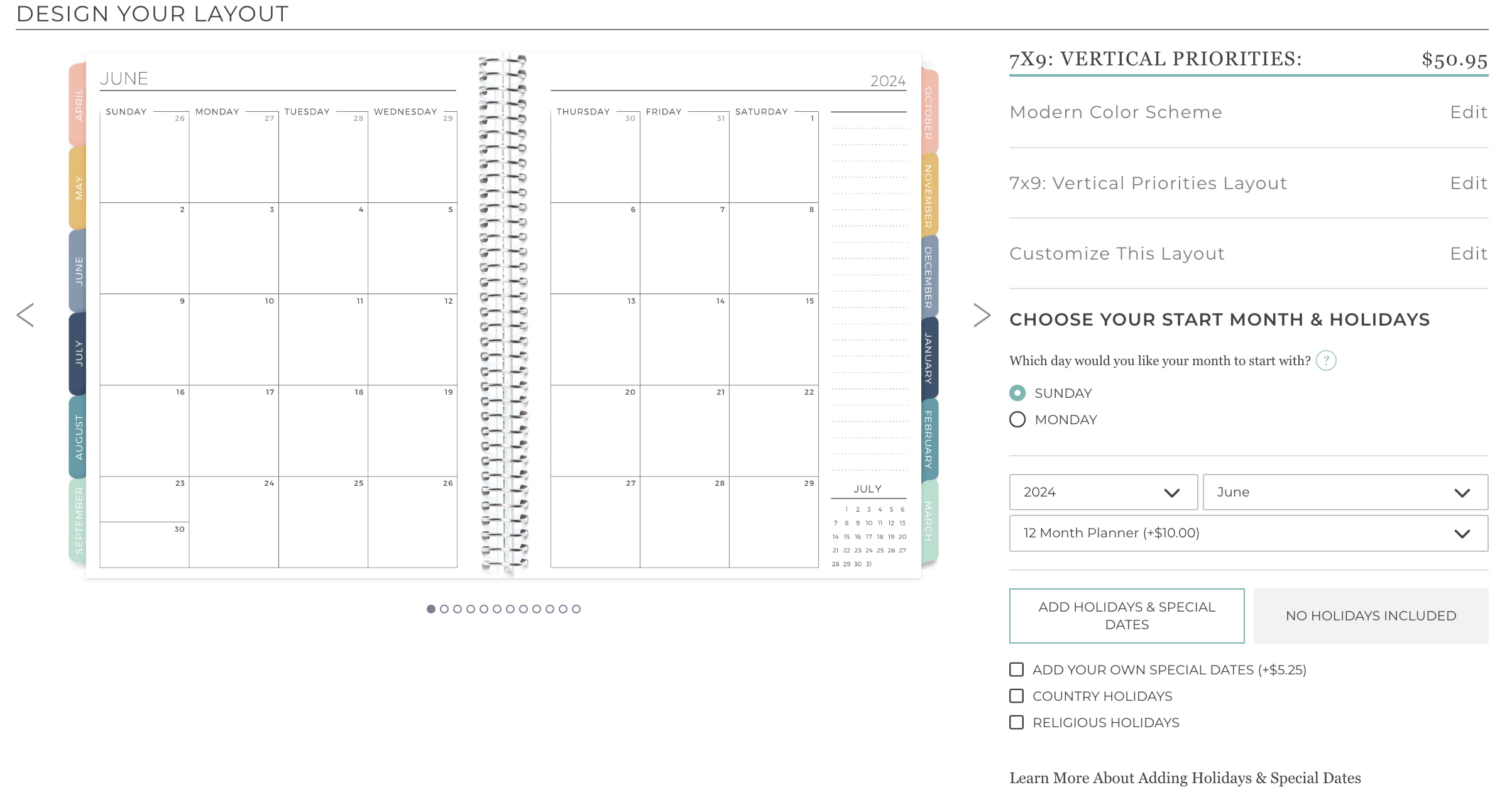 Online planner builder selecting special dates Online planner builder selecting special dates