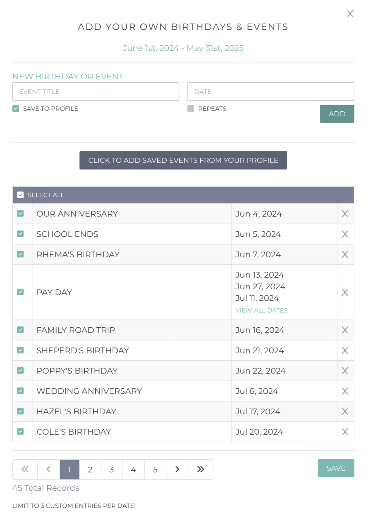 List of custom event dates List of custom event dates