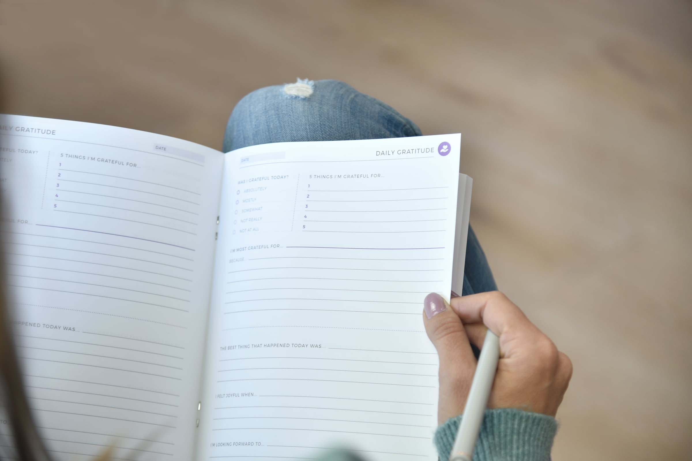 Opened Gratitude journal with saddle-stitching Opened Gratitude journal with saddle-stitching