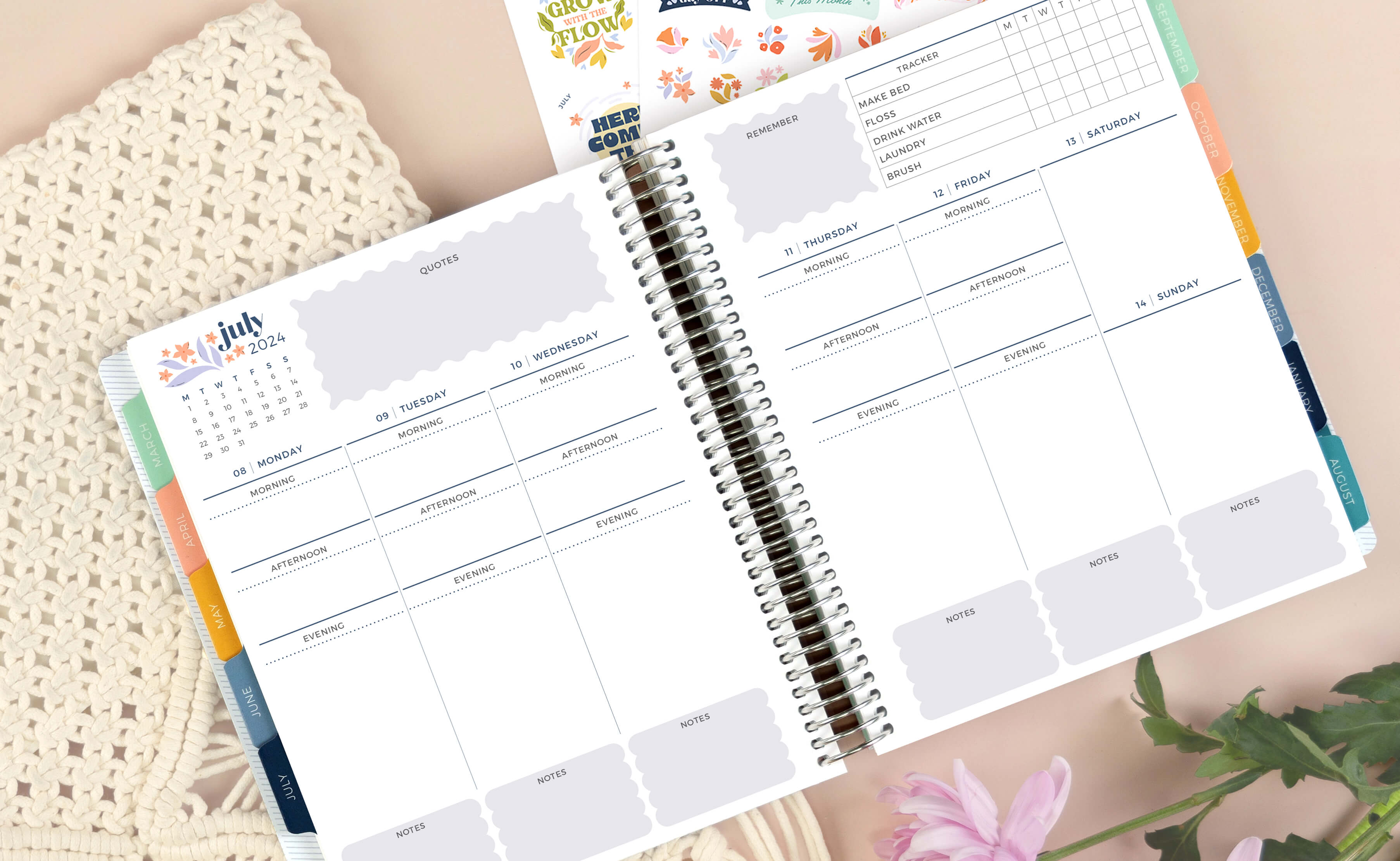 Vertical Bright Blooms Weekly Planner opened to a week in July Vertical Bright Blooms Weekly Planner opened to a week in July