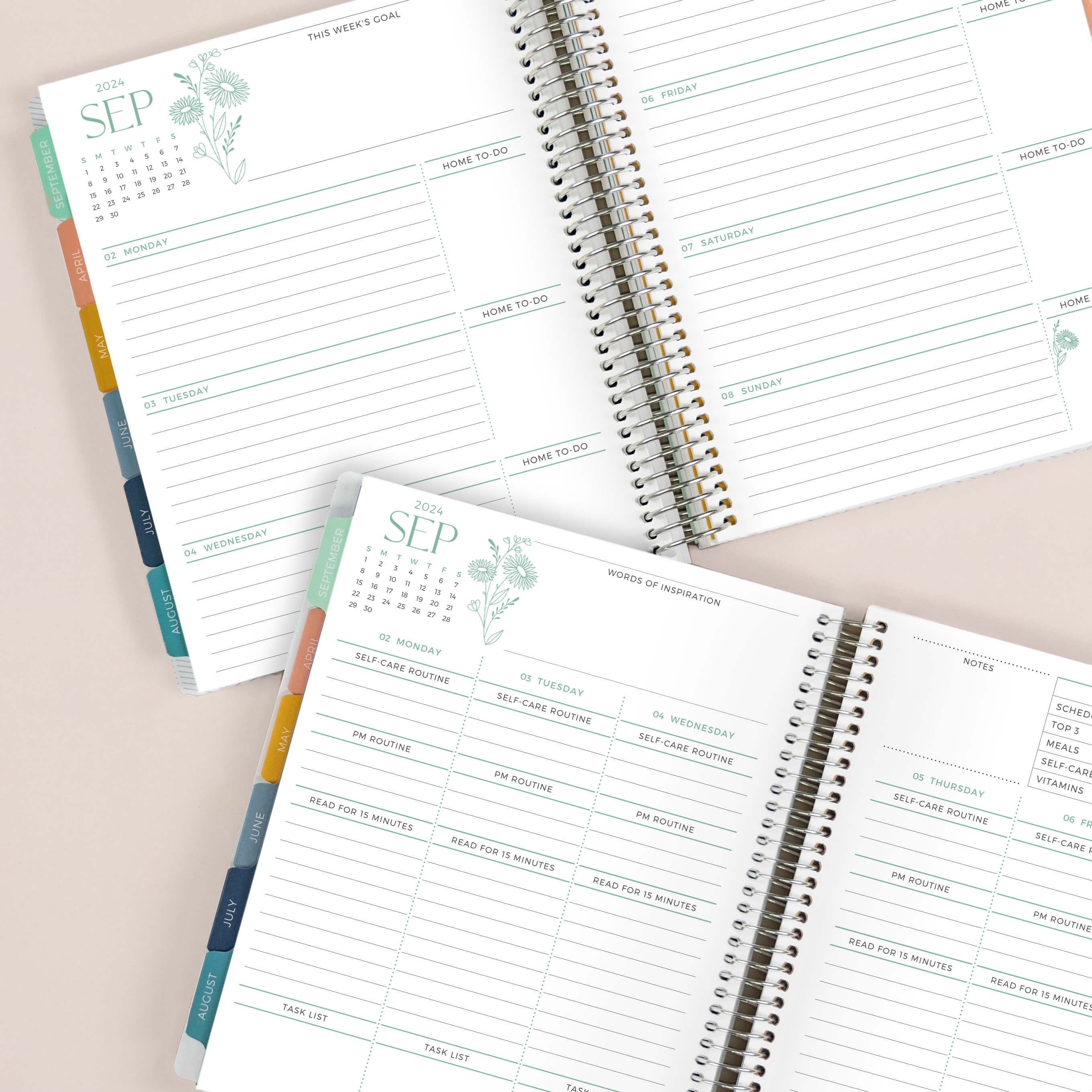A Vertical Soft Florals Planner and Horizontal Soft Florals Planner laying over each other. A Vertical Soft Florals Planner and Horizontal Soft Florals Planner laying over each other.