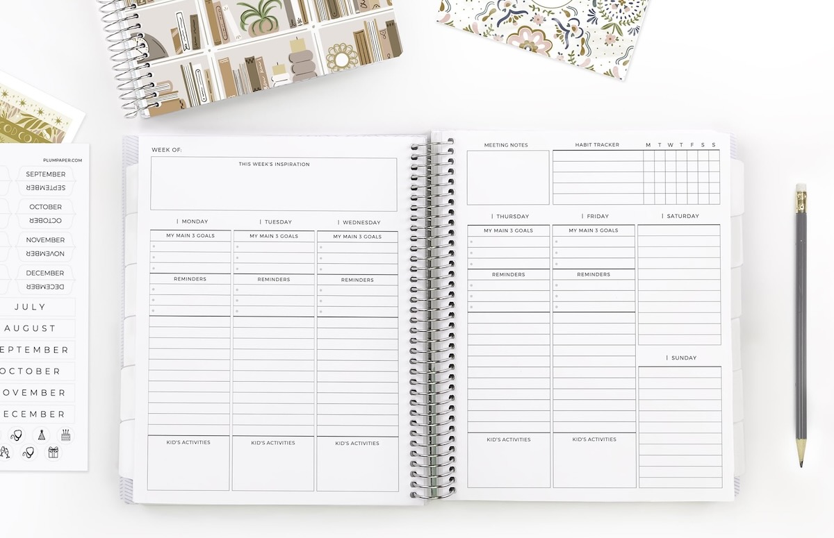 Undated Vertical Priorities open next to stickers and pencil