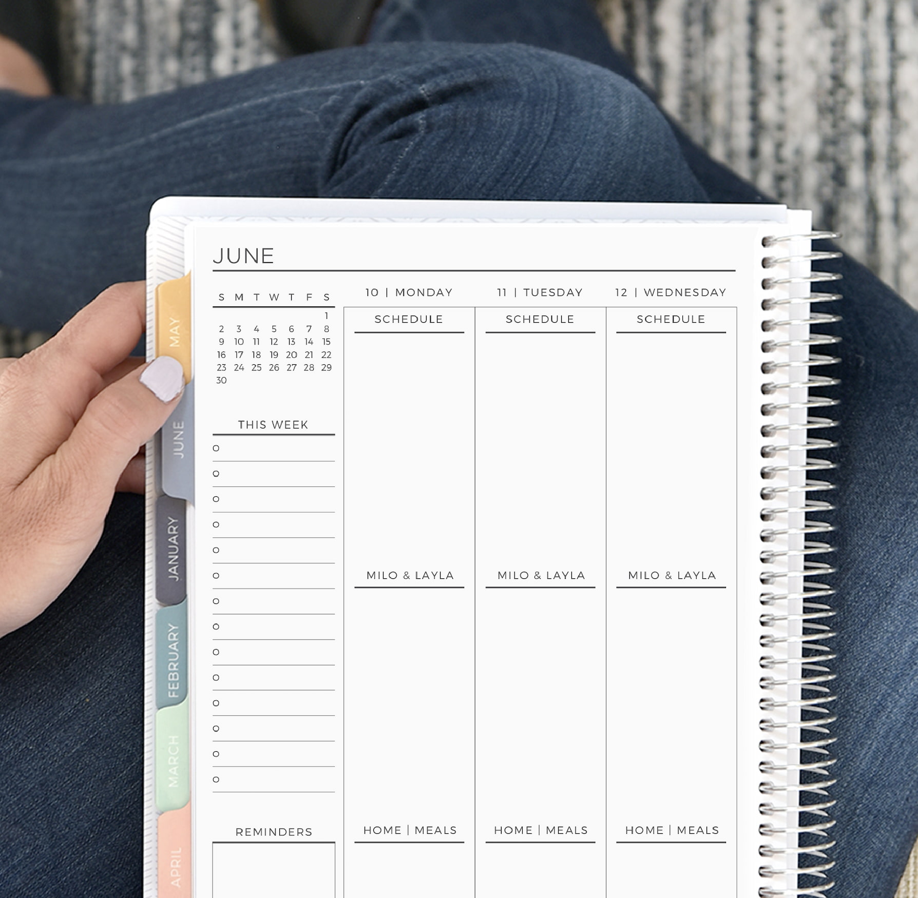 Spiral bound planner with M-A-E layout and Modern color scheme.