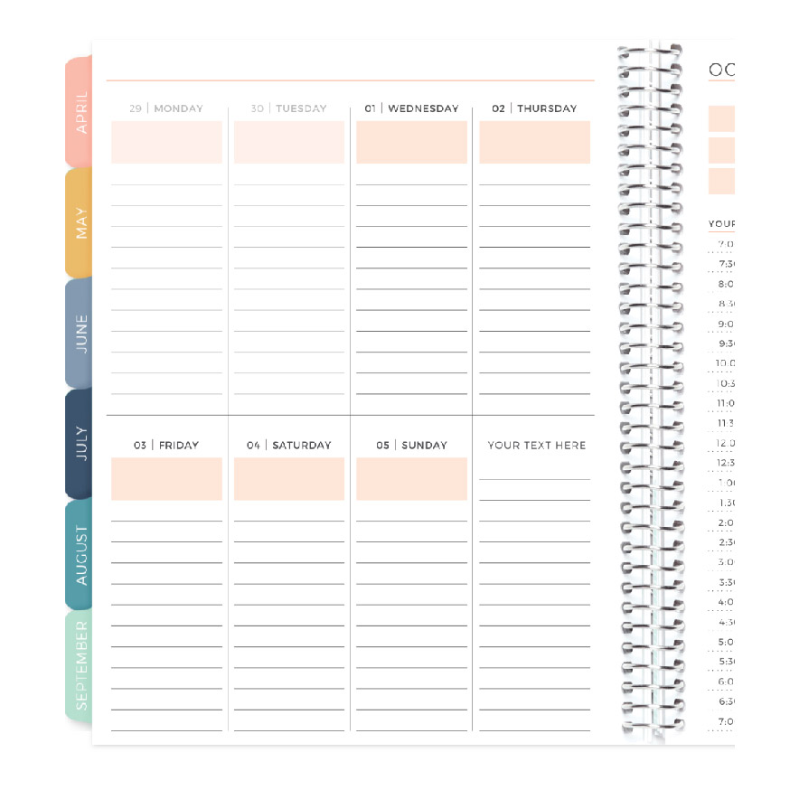 Weekly view. Dispersed weekly between daily pages.