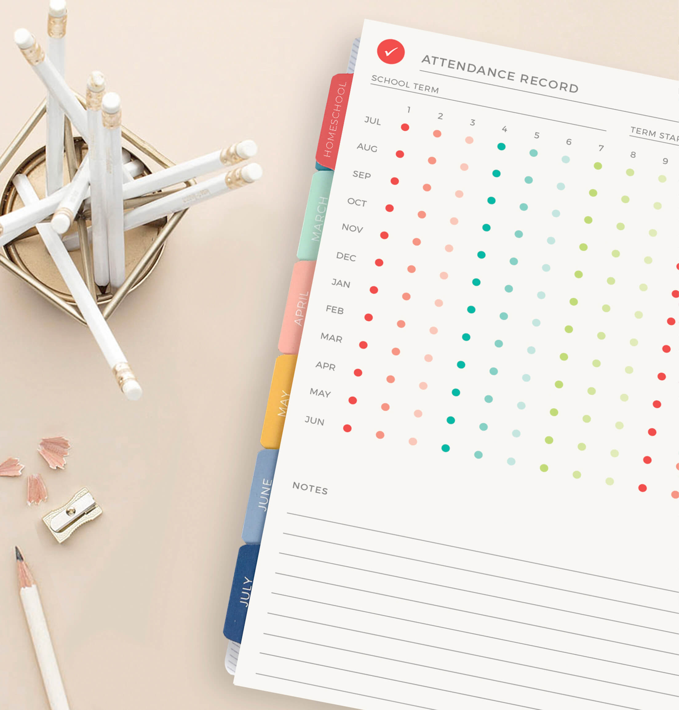 Homeschool planner template with resource pages for attendance and assignment tracking