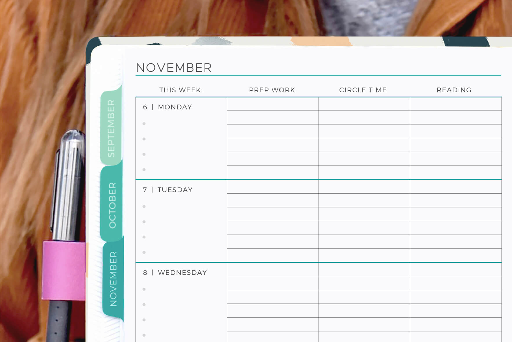 Preschool and kindergarten planner includes weekly spread pages with class schedule templates