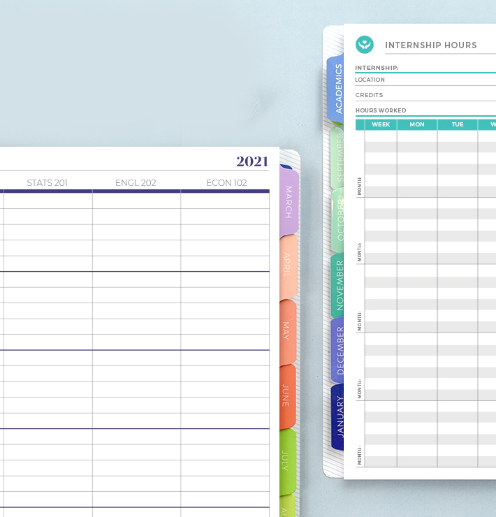 Two College Student Planners open to a weekly layout and the Academics Section.