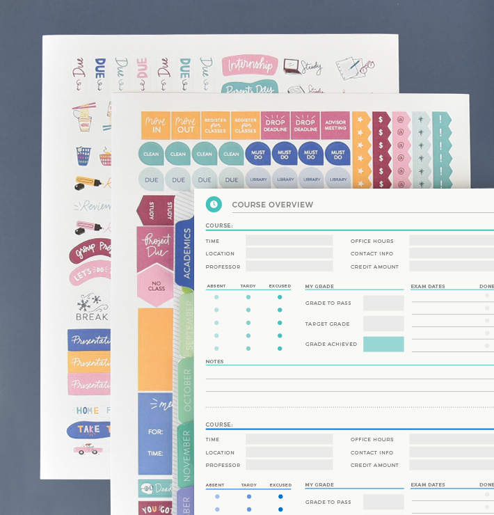 College Student Planner with 2 sheets of student stickers included.