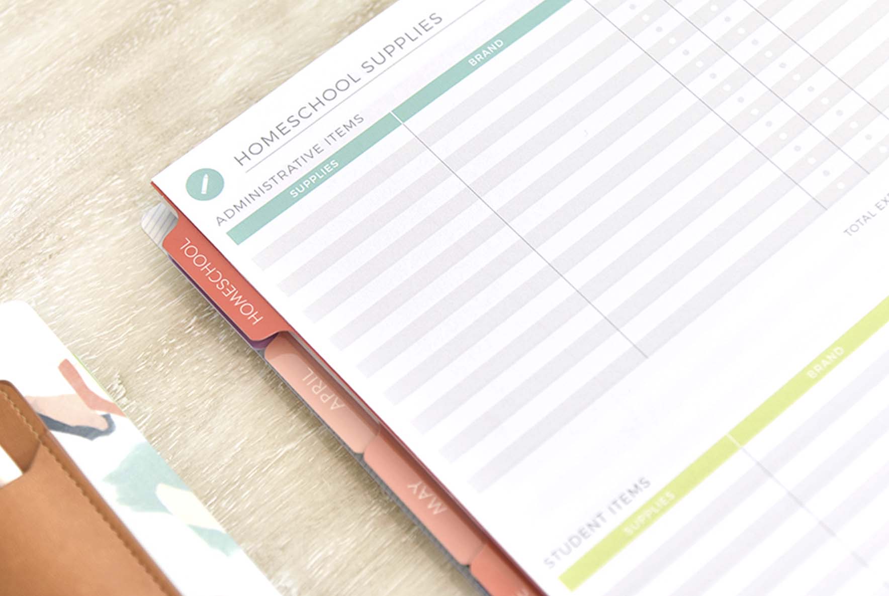 Homeschool planner layout with supplies tracker and student reporting