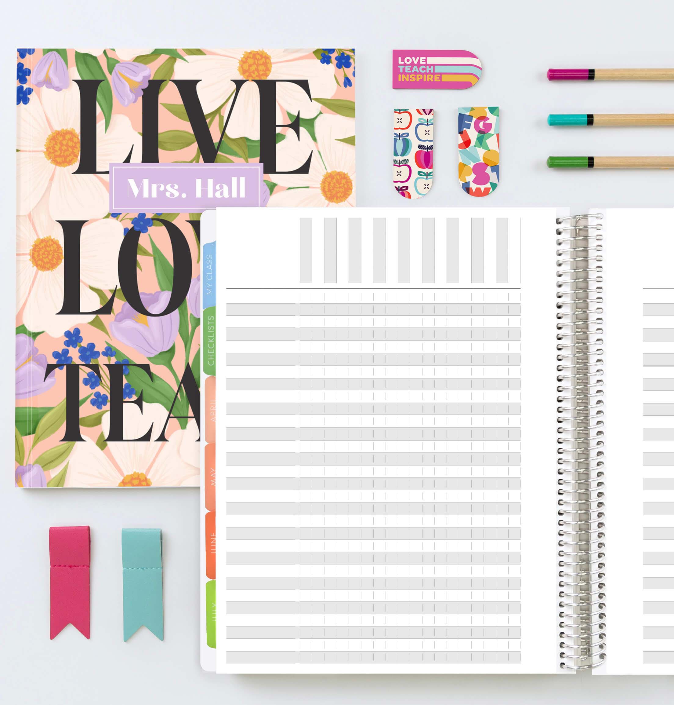 Personalized planner with checklist pages and colorful teacher bookmarks