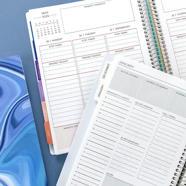 Open Plum Paper planner layouts showing monthly and weekly customization options — handmade custom planners designed for 2026 organization, productivity, and daily planning. Open Plum Paper planner layouts showing monthly and weekly customization options — handmade custom planners designed for 2026 organization, productivity, and daily planning.