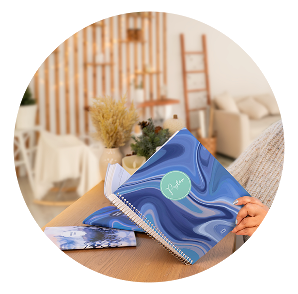 Plum Paper handmade planner with blue marble cover on cozy desk setup — customizable 2026 planner for journaling, goal tracking, and intentional living. Plum Paper handmade planner with blue marble cover on cozy desk setup — customizable 2026 planner for journaling, goal tracking, and intentional living.