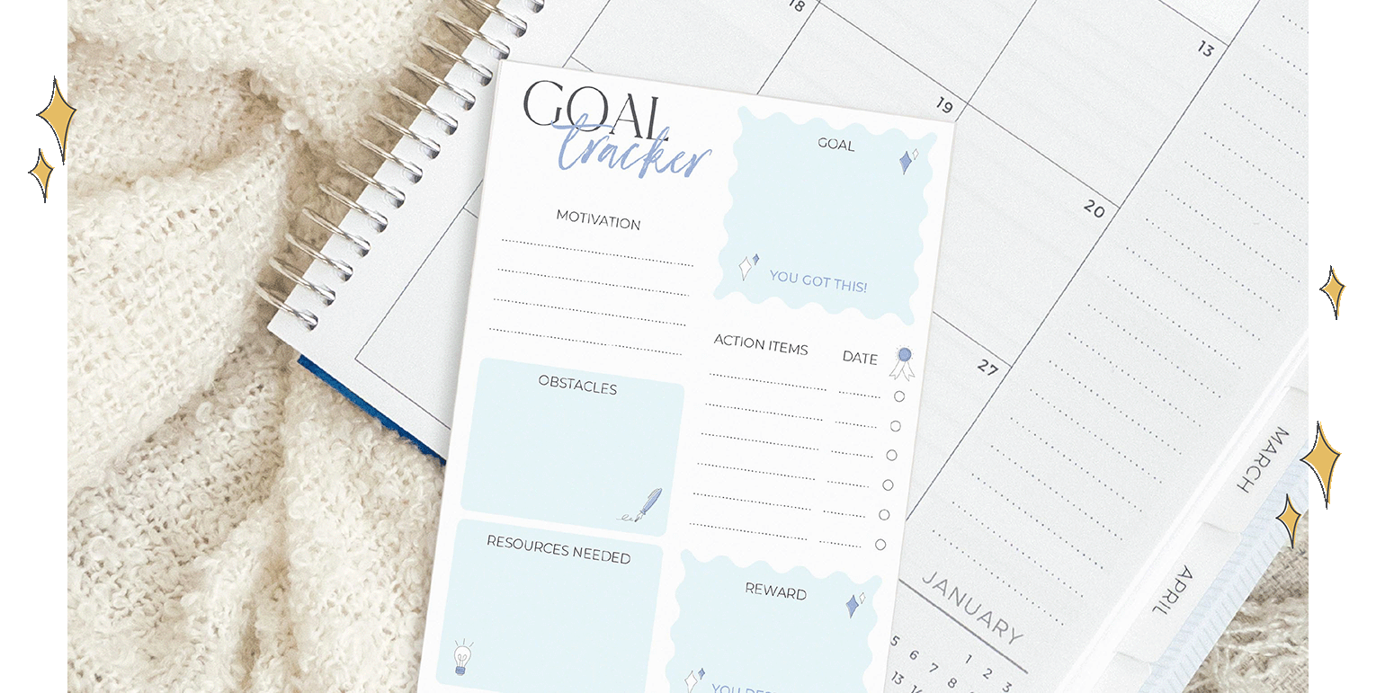 Goal tracker notepad gift with purchase placed on top of an open Plum Paper planner — personalized stationery for goal-setting, action planning, and handmade 2026 planner organization. Goal tracker notepad gift with purchase placed on top of an open Plum Paper planner — personalized stationery for goal-setting, action planning, and handmade 2026 planner organization.