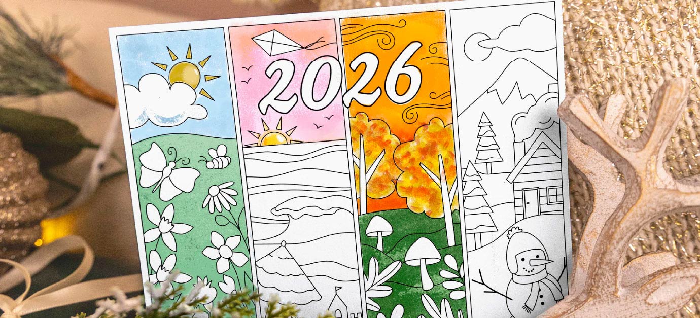 Plum Paper 2026 seasonal color-in sticker with illustrated spring, summer, fall, and winter panels — a creative handmade stationery piece symbolizing personalized custom planners for every season. Plum Paper 2026 seasonal color-in sticker with illustrated spring, summer, fall, and winter panels — a creative handmade stationery piece symbolizing personalized custom planners for every season.