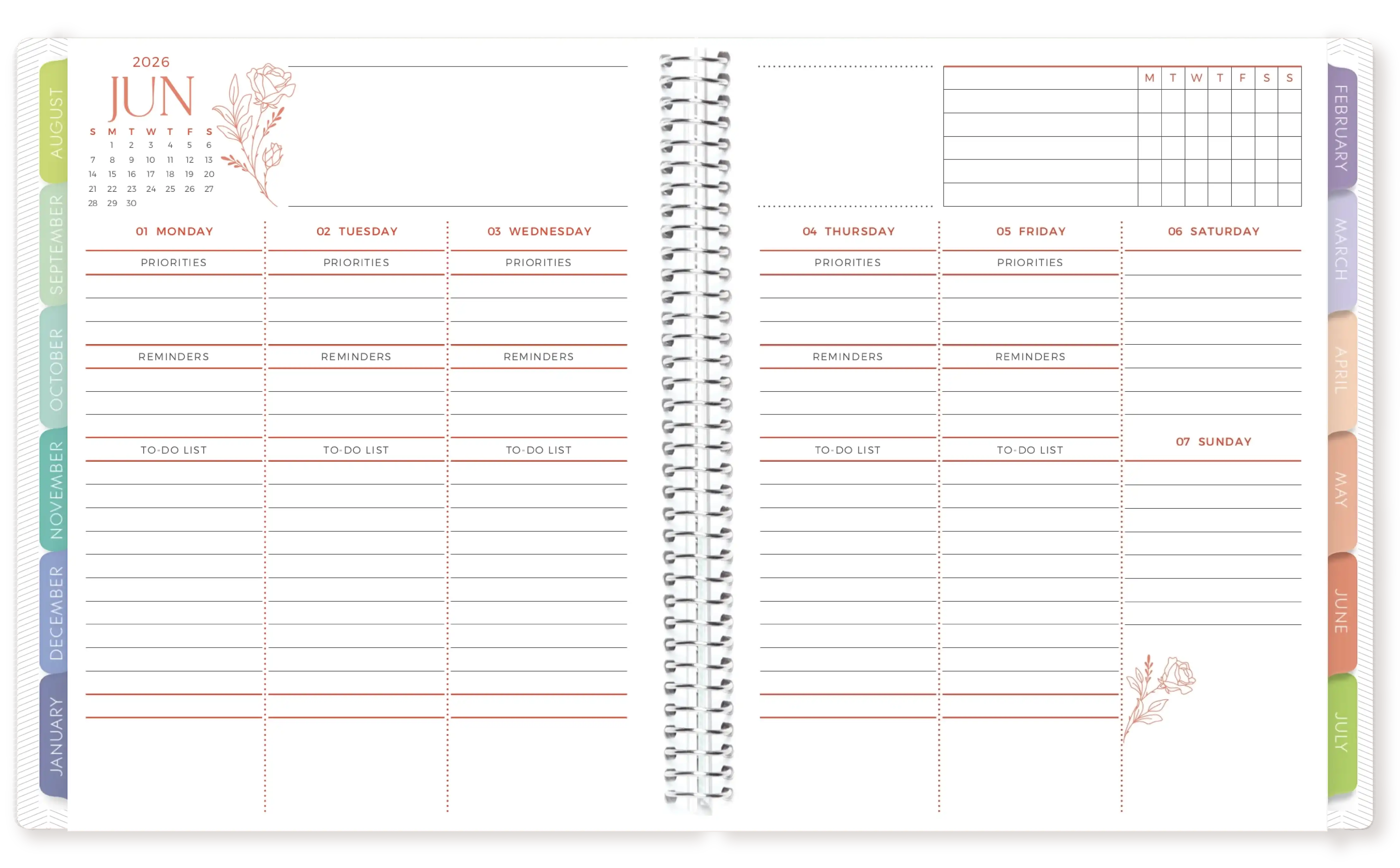 Soft florals weekly home planner with meal planning pages