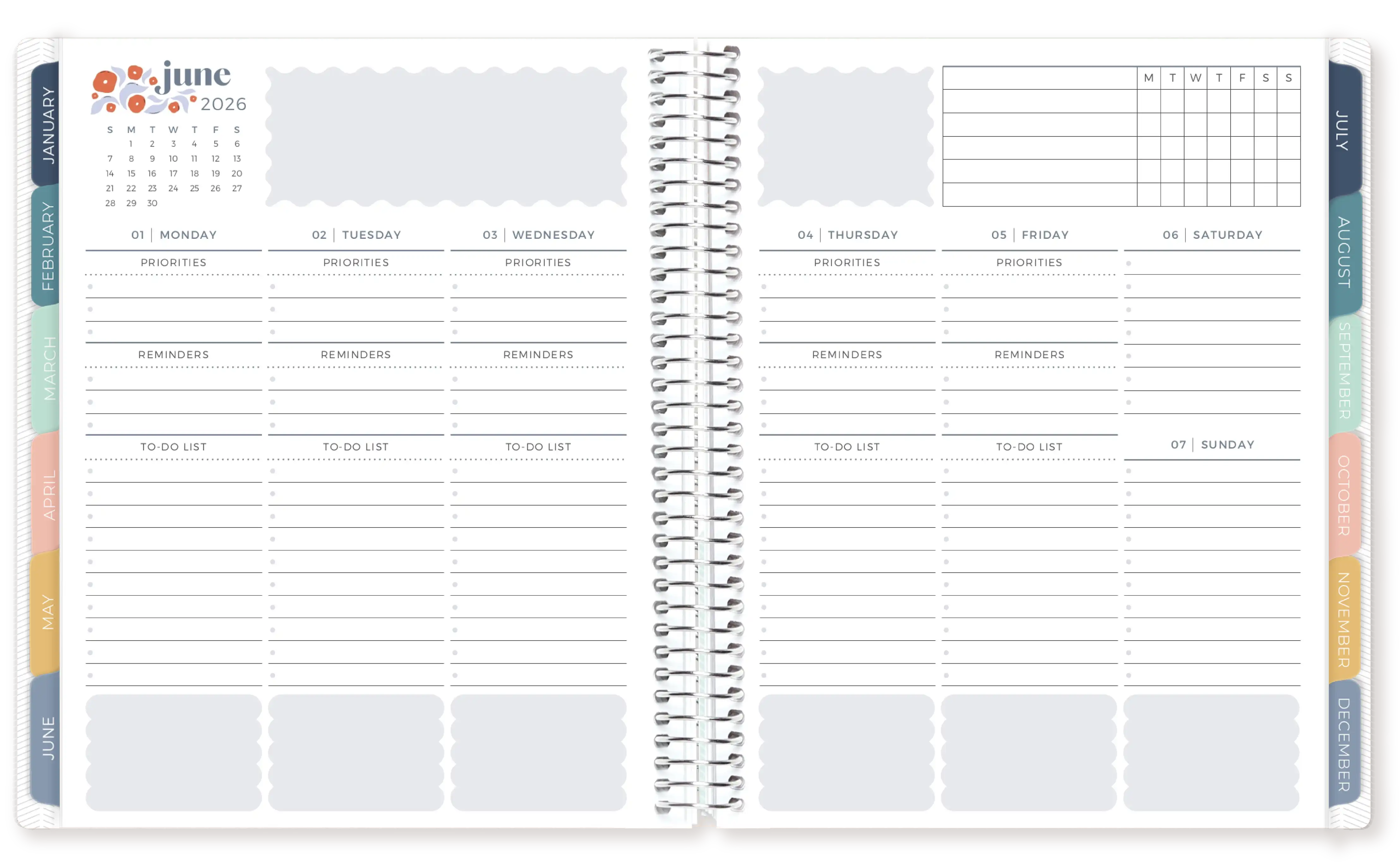 Bright blooms weekly essential planner with notes and home planning pages