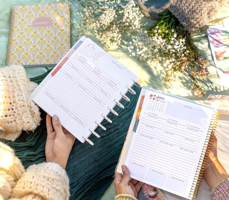 Two vertical layout planners side by side in soft florals and bright blooms designs