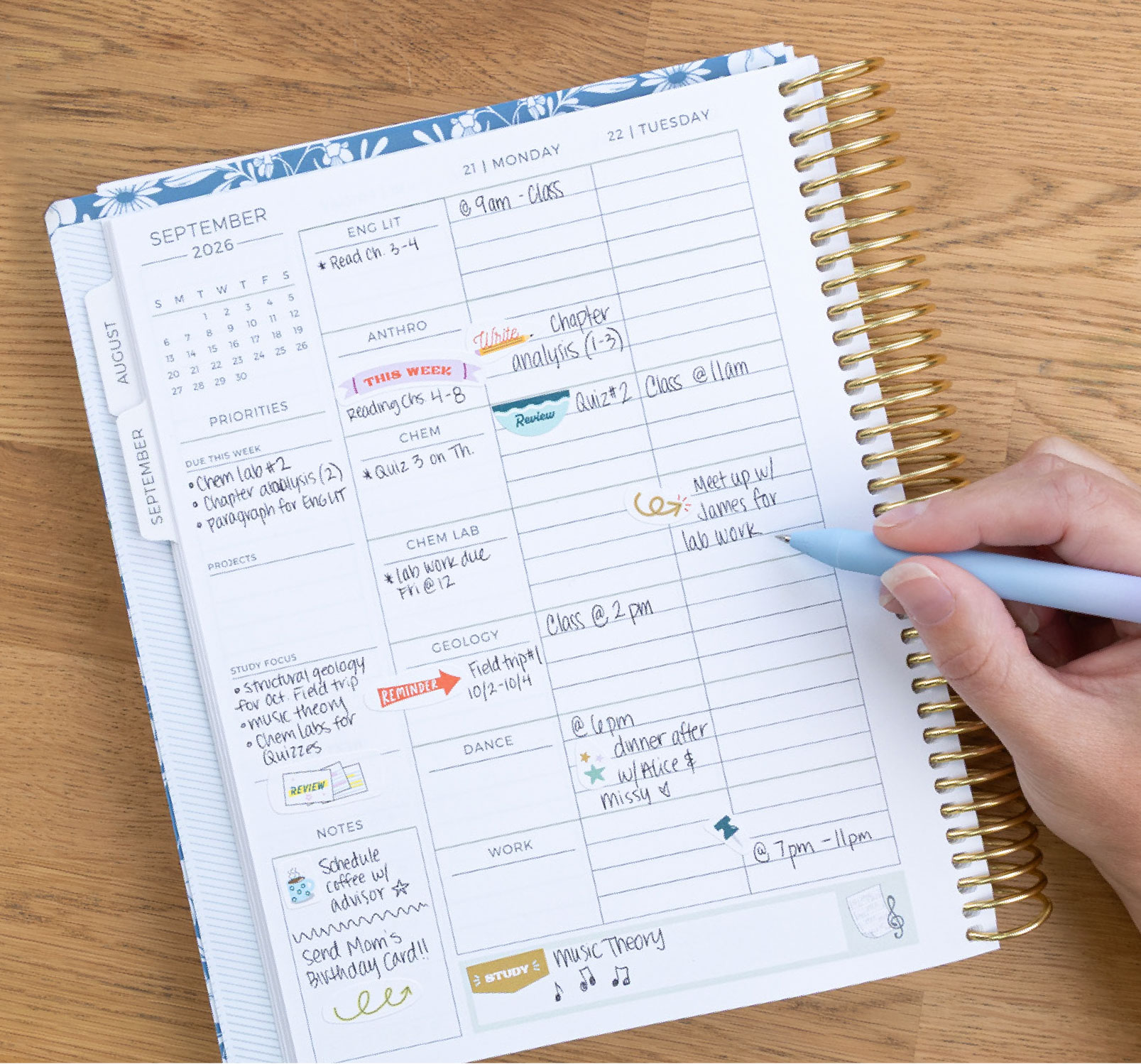 Open spread of the 7×9 customizable college student planner with weekly layout and optional modules Open spread of the 7×9 customizable college student planner with weekly layout and optional modules