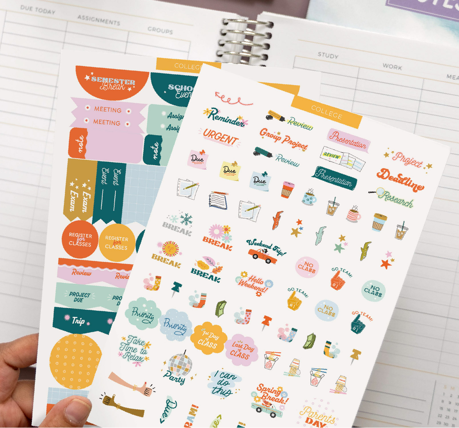 Sticker sheet of functional college student stickers for tracking classes, assignments, and study sessions Sticker sheet of functional college student stickers for tracking classes, assignments, and study sessions