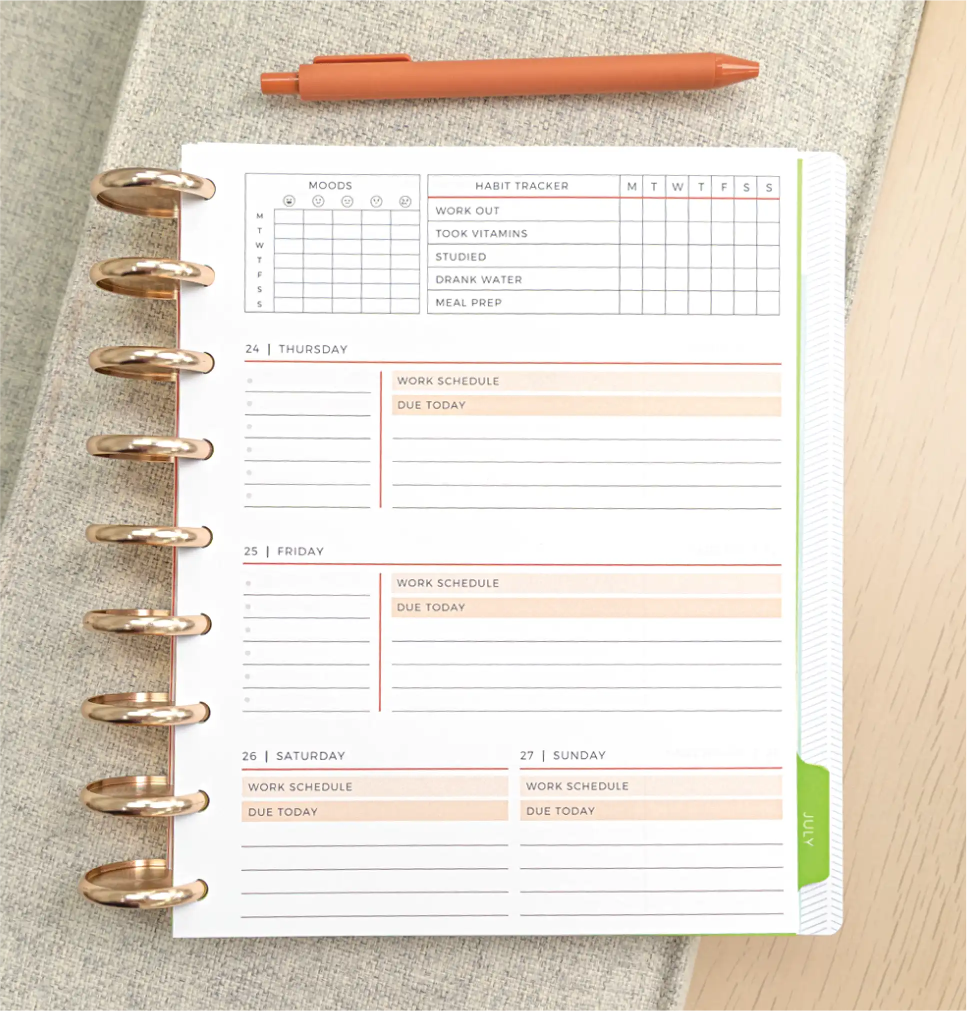 College Student 1 Planner open to a weekly layout with Customization